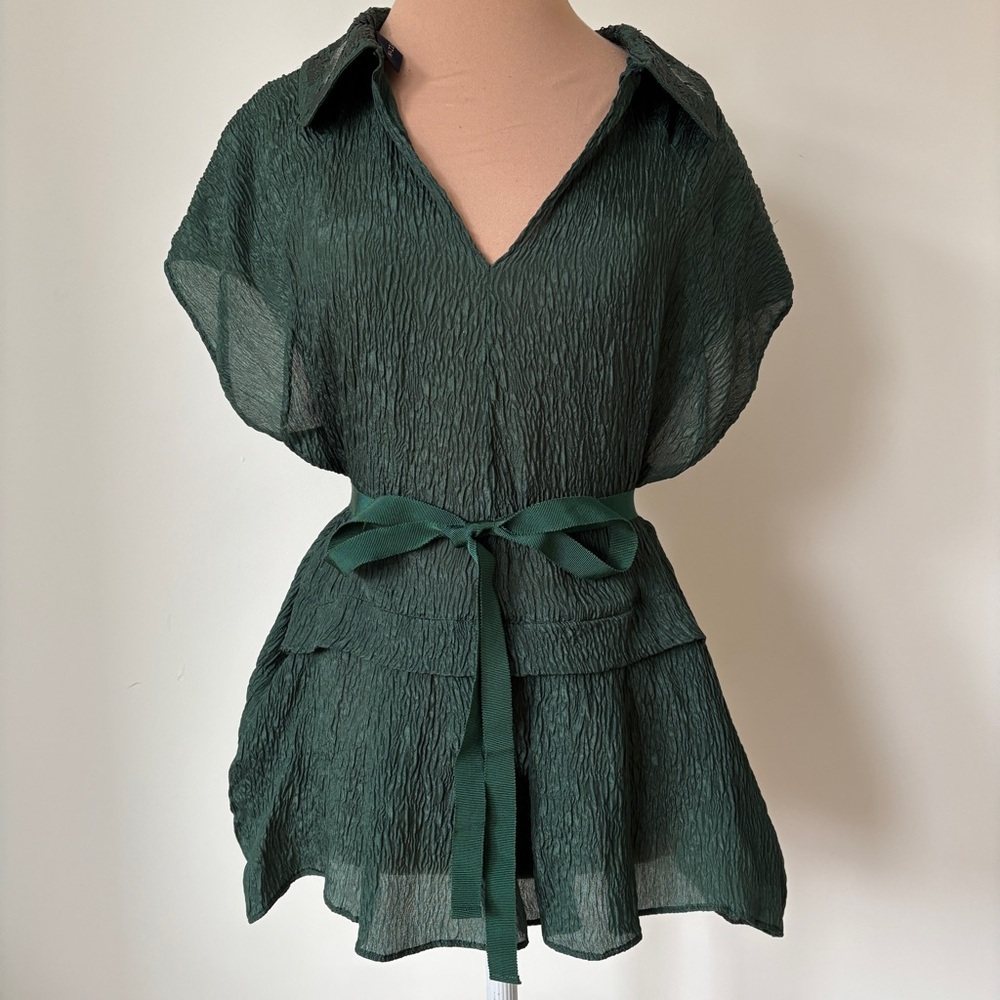 Piazza Sempione Green Ribbon Tie Front Notched Sequined Collar Blouse Size 12